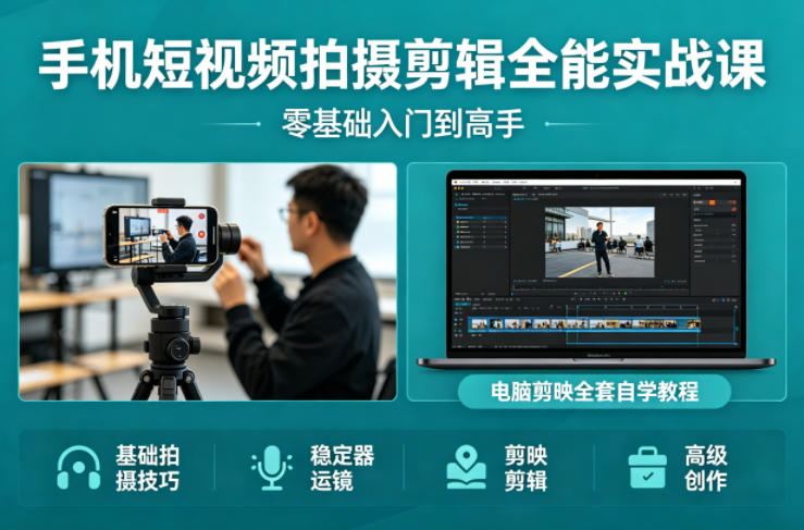 手机短视频拍摄剪辑全能实战课：零基础入门到高手，稳定器运镜+电脑剪映全套自学教程-千汇网创