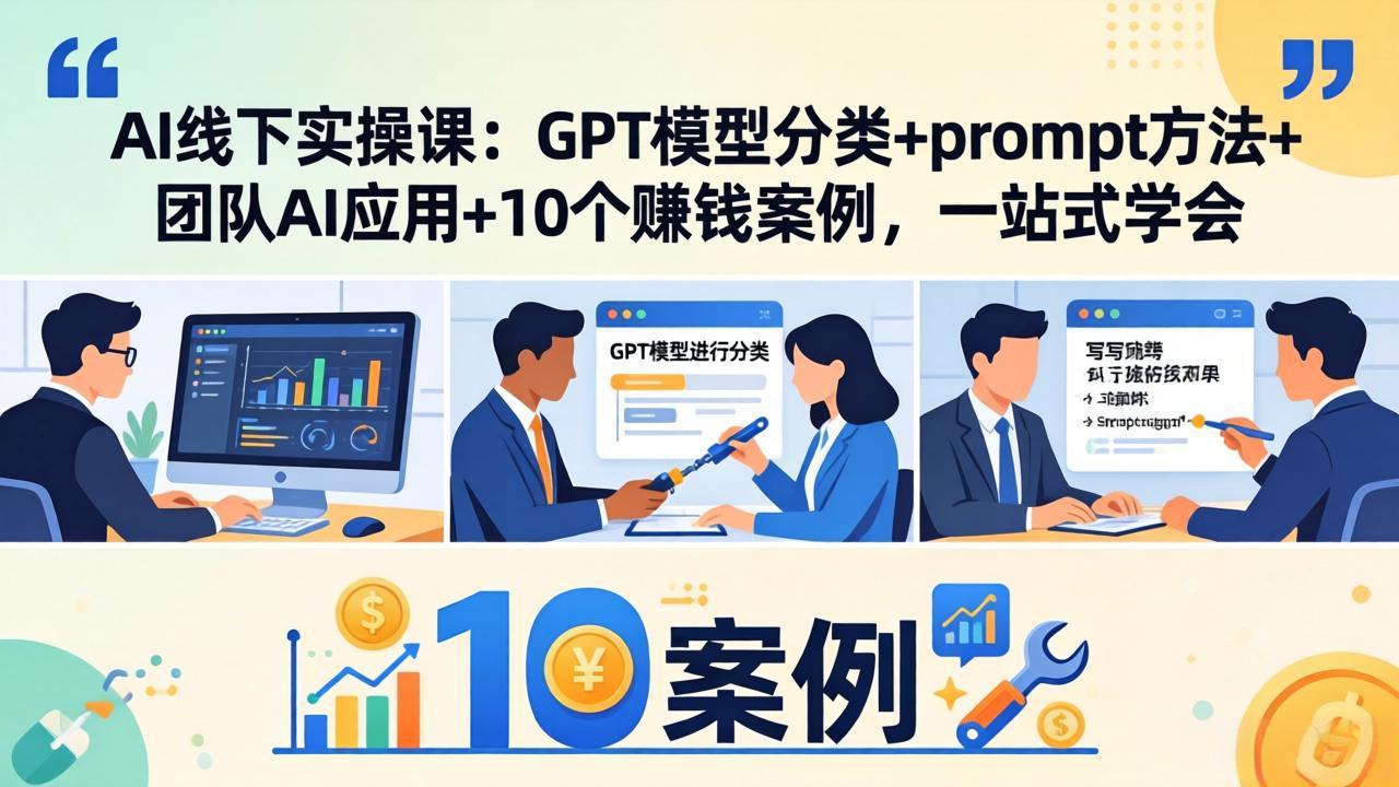 AI线下实操课：GPT模型分类+prompt方法+团队AI应用+10个赚钱案例，一站式学会-千汇网创