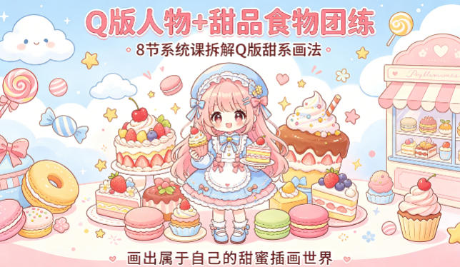 Q版人物+甜品食物团练，8节系统课拆解Q版甜系画法，画出属于自己的甜蜜插画世界-千汇网创