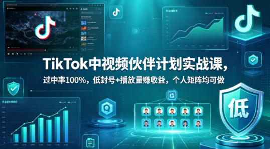 TikTok中视频伙伴计划实战课，过中率100%，低封号+播放量賺收益，个人矩阵均可做-千汇网创
